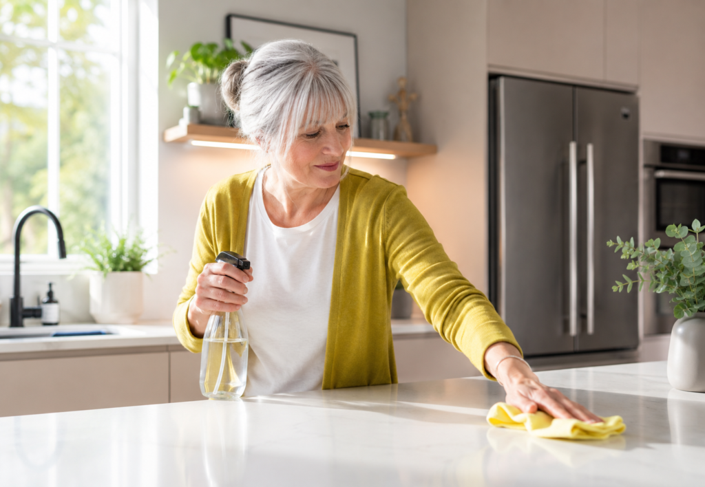 Grey-haired woman cleaning and organizing a bright kitchen, illustrating how decluttering can reduce stress and create a greater sense of control.