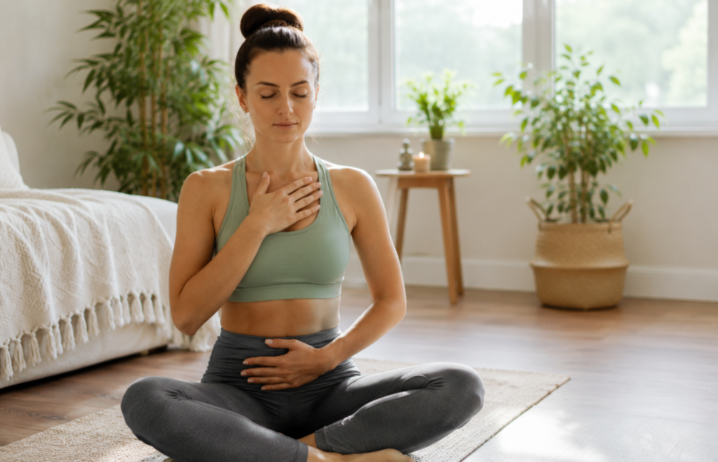 Woman practicing a mindful breathing exercise with one hand on her chest and one hand on her stomach to reduce stress and emotional eating.