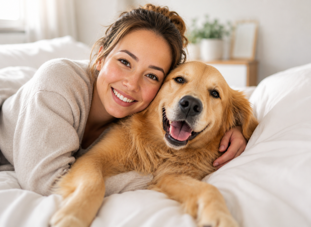 Woman cuddling a happy golden retriever on a bed, illustrating the comfort, connection, and stress-relief benefits of pet companionship.