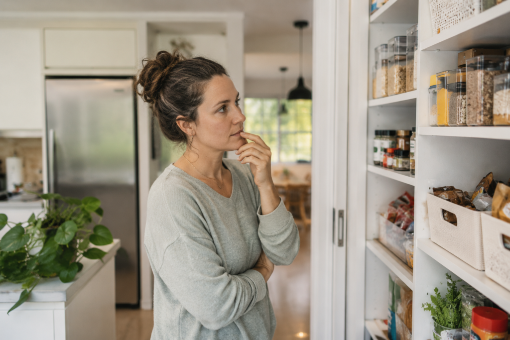 Woman standing in front of a pantry deciding whether to eat despite not being physically hungry, illustrating the concept of kuchisabishii or "lonely mouth."