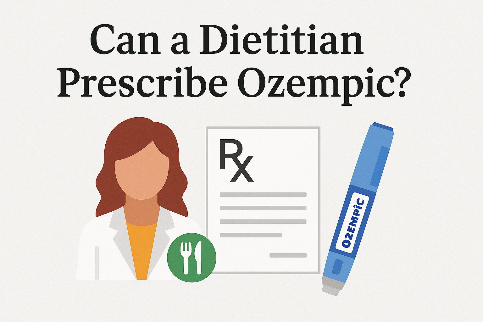 Illustration posing the question, "Can a Dietitian Prescribe Ozempic?" showing a dietitian figure next to a prescription pad and an Ozempic pen, prompting discussion about whether Registered Dietitians can prescribe semaglutide for weight loss.