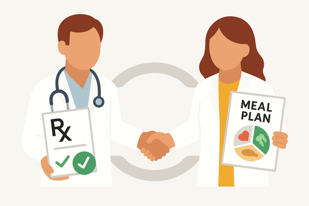 Illustration showing the ideal Ozempic care team: a doctor or nurse practitioner holding a prescription pad (Rx), and a Registered Dietitian holding a personalized meal plan, symbolized by a handshake representing collaborative care for weight loss.