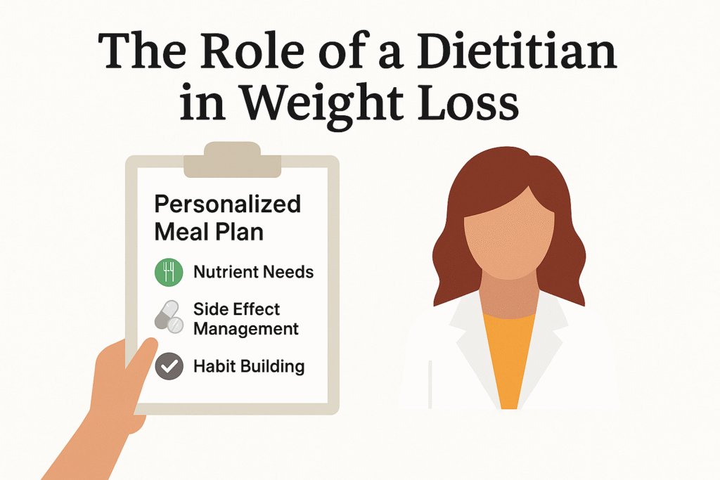 Illustration titled "The Role of a Dietitian in Weight Loss," showing a Registered Dietitian next to a clipboard listing key services: Personalized Meal Plan, Nutrient Needs, Side Effect Management, and Habit Building for sustainable weight loss with Ozempic.