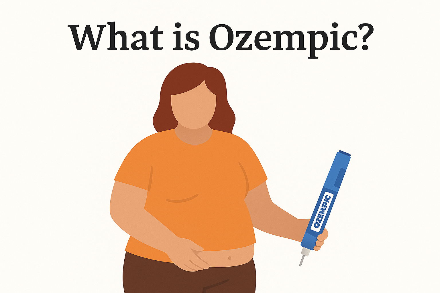 Illustration titled "What is Ozempic?" showing an individual (who may be experiencing weight-related health challenges) holding an Ozempic injection pen, representing the medication semaglutide used for managing type 2 diabetes and sometimes prescribed off-label for weight loss.