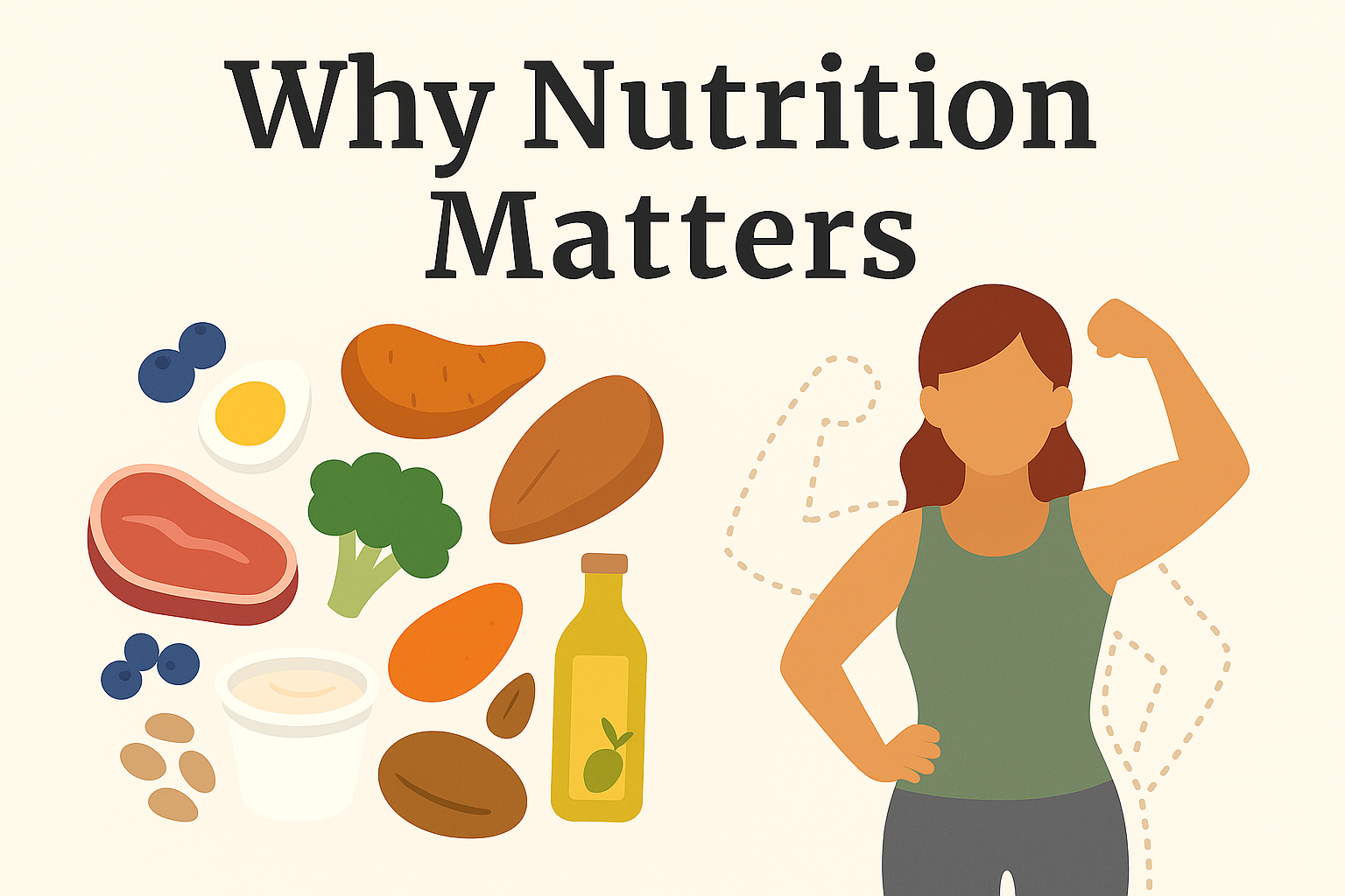 Illustration titled "Why Nutrition Matters" showing a variety of healthy protein sources and vegetables next to a strong, flexing figure, symbolizing the need for balanced nutrition to maintain muscle mass and metabolic health while losing weight on Ozempic.